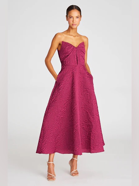 Theia Ellie Strapless Textured A-Line Midi Dress In Wineberry